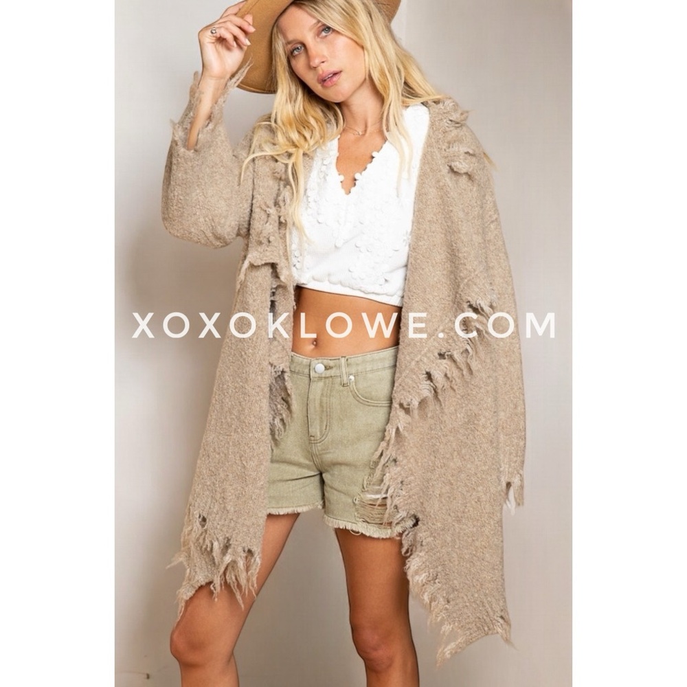 POL Taupe Tattered Waterfall Blanket Cardigan Relaxed Fit - Picture 6 of 6